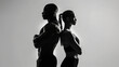 © OleksandrZastrozhnov - Athletic muscular man and woman standing back to back next to each other. White background.