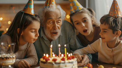 Poster - A multigenerational family celebrating the birthday of an elderly man. wearing party hats and blowing out candles on a cake with their children at home