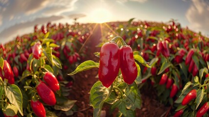 Vast field of red bell peppers with a ripe one in the forefront and the sun setting in the background