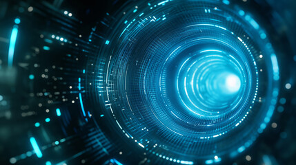 A blue tunnel with a bright light at the end. The tunnel is filled with a lot of blue and white dots. Luminous abstract circular tunnel. Futuristic technological style, the effect of a sense of depth