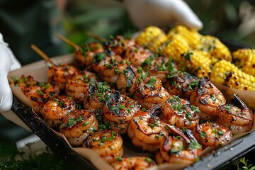 Wall Mural - A tray of shrimp and corn is being held by a person