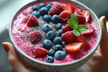 A bowl of mixed berries and fruit with a person holding it