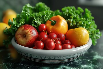 Wall Mural - A bowl of fruit and vegetables, including apples, oranges, and tomatoes