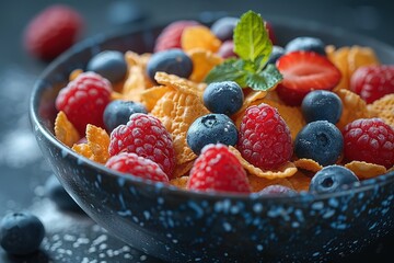 Wall Mural - A bowl of cereal with blueberries and strawberries