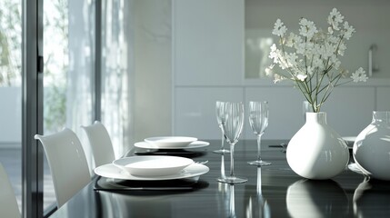 Poster - Minimalist dining room with a black dining table and white tableware. 