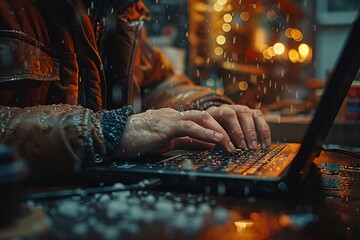 Wall Mural - A person is typing on a laptop in the rain