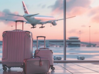 Two suitcases and travel accessories in front of an airport window with a blurred airplane in flight,