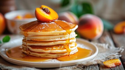 Wall Mural - Peach colored pancakes on a wooden table