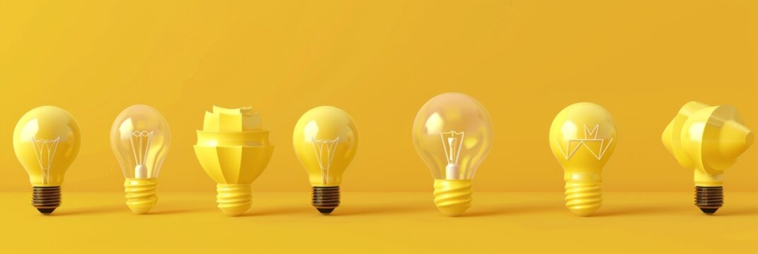 Yellow light bulbs, lamp icon set, lightbulbs isolated, render style minimal light bulbs, creativity idea