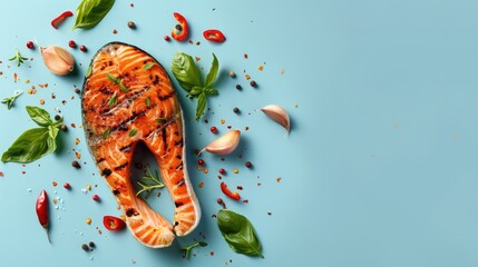 Wall Mural - Grilled salmon steak with spices and garlic on a blue background
