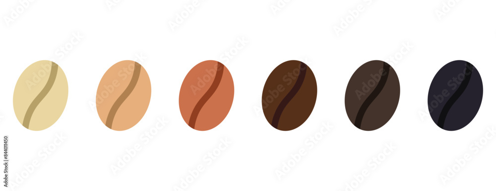 Coffee strength scale, different colour beans to show intensity or roast, vector illustration isolated on white background. Coffee beans showing various stage of roasting.