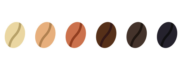 Coffee strength scale, different colour beans to show intensity or roast, vector illustration isolated on white background. Coffee beans showing various stage of roasting.