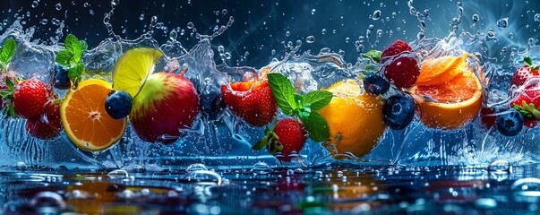 Wall Mural - Fresh fruit splashing in water against a dark blue background