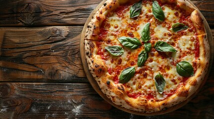 Wall Mural - A classic margherita pizza with bubbling cheese, fresh basil leaves topping on a rustic wooden board