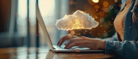 Person typing on laptop with a holographic cloud, representing cloud computing and data storage technology in a modern office setting.
