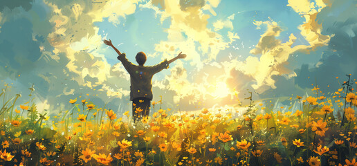person kneeling and raising hands, Open arms, for pray to God on meadow sunset background