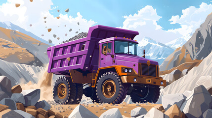 Wall Mural - A purple dump truck is unloading gravel at a quarry. and pebbles can be seen bouncing off its bed. 