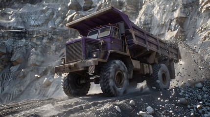 Wall Mural - A purple dump truck is unloading gravel at a quarry. and pebbles can be seen bouncing off its bed. 