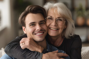 Cheerful caring adult son hugging happy blonde senior mother with love, support, looking at camera with perfect toothy smile, laughing. Elderly mother and grown male child headshot portrait