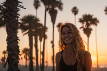 Wall Mural - Smiling girl on the beach. Tropical beach, summer time,  summer vacation, summer  holiday