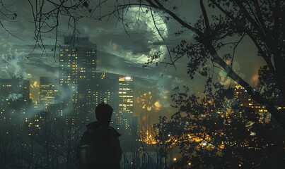 A man is standing in a forest with a city in the background