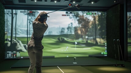 Golfer playing golf in indoor simulator Mixed media. golf simulator