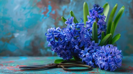 Wall Mural - Arrangement featuring lovely hyacinth flower and scissors against a colorful backdrop