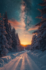 Wall Mural - road leading towards colorful sunrise between snow covered trees with epic milky way on the sky back