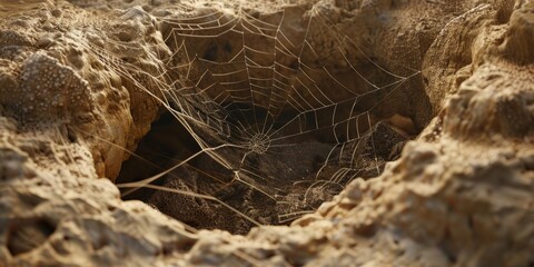 Detailed close-up of a spider web intricately woven on a rock surface, with visible threads and patterns.
