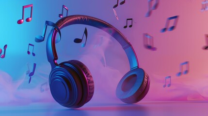 Wall Mural - Black headphones with blue and pink neon lights and music notes.