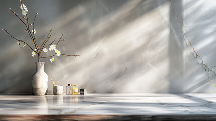 Marble kitchen countertop for displaying products in front of a gray wall with beautiful sunlight and shade.