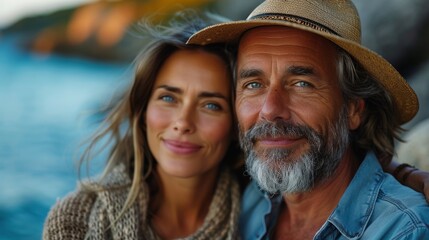 A relaxed and close-knit couple smiling naturally in casual attire against a seascape background