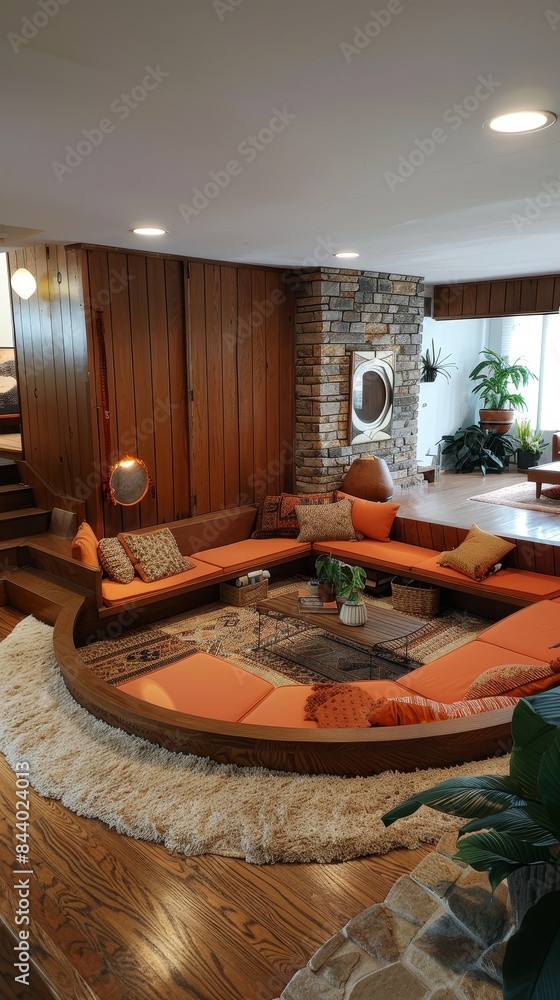 Retro 1970s Sunken Conversation Area in Cozy Living Room Decorated with ...