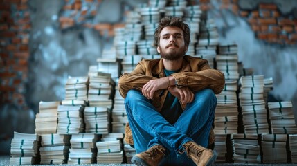 A young man sits pensive among large stacks of books
