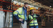 © peopleimages.com - Logistics, people and tablet in warehouse with pointing, stock or inventory in supply chain, industry or freight. Factory, employees and quality control in manufacturing, shipping in trade for export