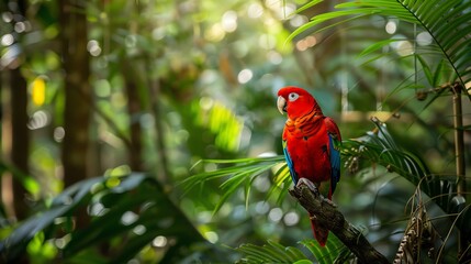 Wall Mural - A beautiful Scarlet Macaw parrot sits on a branch in the lush green rainforest.