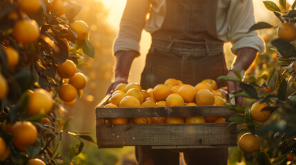 Wall Mural - Close-up of a man holding a wooden box filled with orange oranges. An orange orchard is harvested on a sunny day. Concept of fruit crops, harvesting.