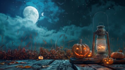 Halloween Night Scene with Lantern and Pumpkins, Generative AI