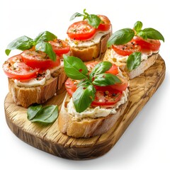 Wall Mural - Fresh Tomato Basil Bruschetta Appetizer on Rustic Wooden Cutting Board