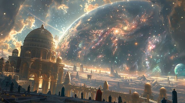 galactic agora where philosophers and intellectuals from a thousand worlds come together to debate the nature of existence the meaning of life and the mysteries of the cosmos