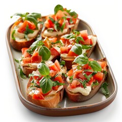 Wall Mural - Fresh Tomato and Basil Bruschetta Appetizers on a Grey Serving Tray