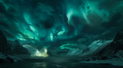 Wall Mural - Natural landscape of northern lights in a mountainous area. Winter snowy view of majestic mountains with natural glow from above. Nature concept.
