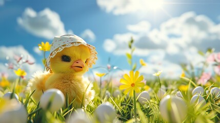 Cute yellow baby chicken wearing a hat in a field of flowers. The perfect image for Easter or spring.