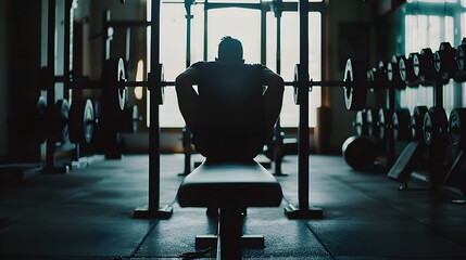 Wall Mural - A person in black workout clothes does bench presses in a simple, modern gym.