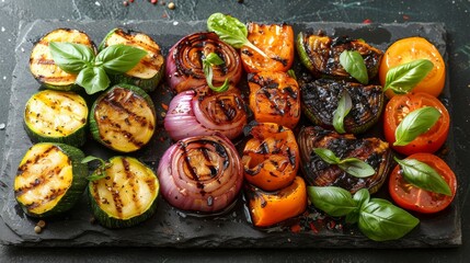 Wall Mural - Vibrant display of grill-marked veggies on black backdrop, garnished with green basil