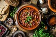 © Gleb - Georgian Lobio, Cooked Beans, Red Beans with Meat and Spices, Lobio in Ceramic Pot on Rustic Background