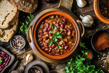 Wall Mural - Georgian Lobio, Cooked Beans, Red Beans with Meat and Spices, Lobio in Ceramic Pot on Rustic Background