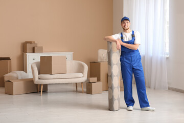 Sticker - Loader with rolled carpet at home on moving day