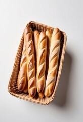 Wall Mural - A wooden basket showcasing an assortment of freshly baked French baguettes, their crusty exteriors and soft, airy interiors on display.
