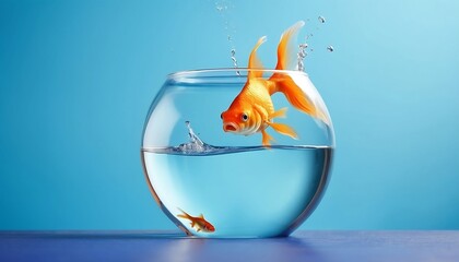 goldfish is jumping out of a fishbowl on blue background with copy. The fish is in the air and the water is splashing. Concept of freedom and excitement created with generative ai